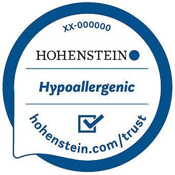 Círculo azul alrededor del logotipo de Hohenstein, marca de verificación, "hohenstein.com-trust", "Hipoalergénico"