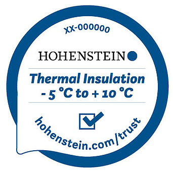 Círculo azul alrededor del logotipo de Hohenstein, "Aislamiento térmico -5 °C a 10 °C", marca de verificación, "hohenstein.com/trust"