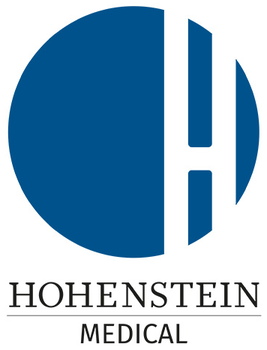 Círculo azul con “H” blanca, "HOHENSTEIN", "Medical"