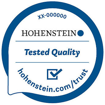 Círculo azul alrededor del logotipo de Hohenstein, marca de verificación, "hohenstein.com-trust"