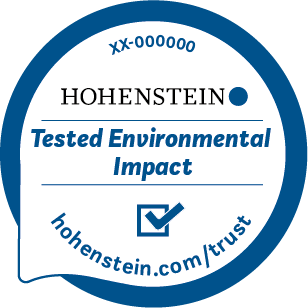 Círculo azul alrededor del logotipo de Hohenstein, marca de verificación, "hohenstein.com-trust", "Calidad probada" "Impacto ambiental probado"