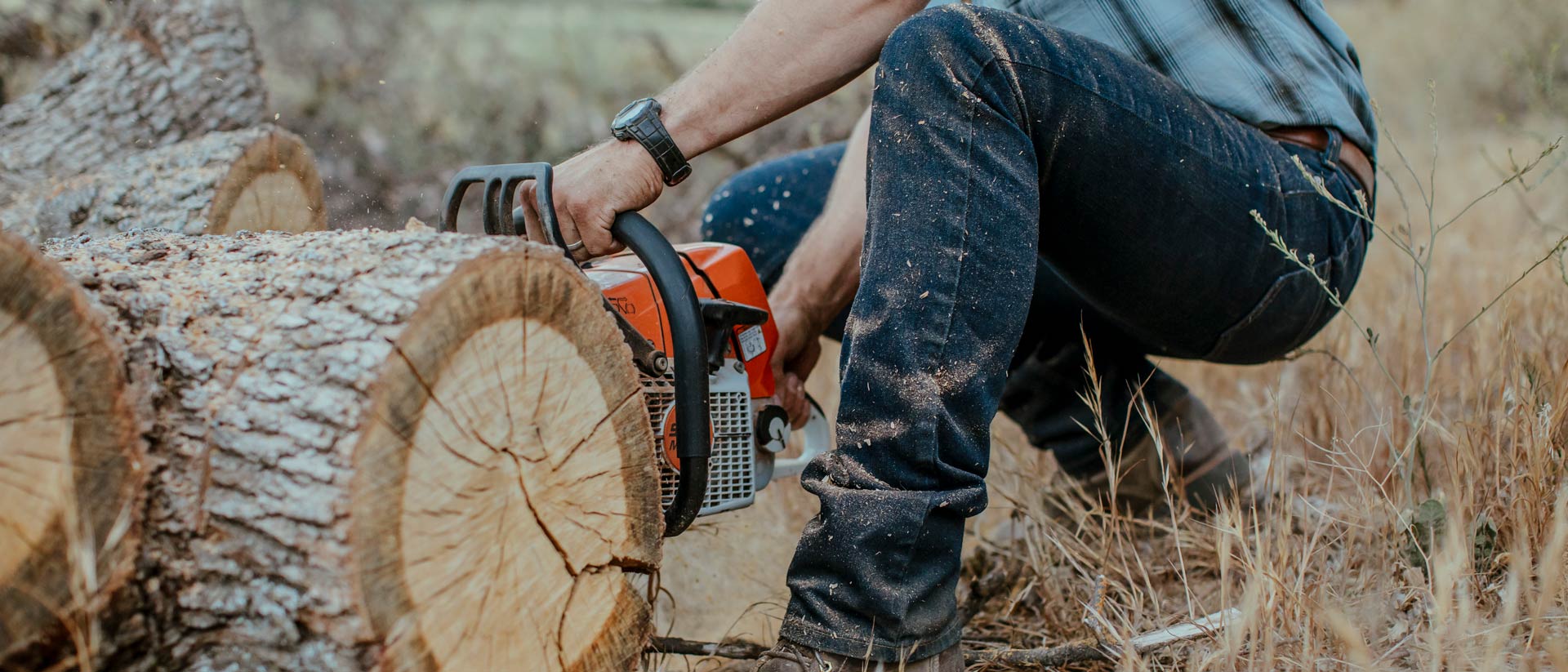 Hombre en ropa de trabajo de Carhartt en cuclillas para cortar un árbol con una motosierra