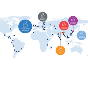 Mapa mundial ilustrado con laboratorios de Hohenstein y oficinas de contacto