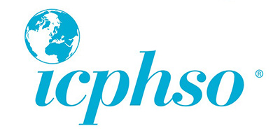 Logotipo azul de ICPHSO con globo terráqueo