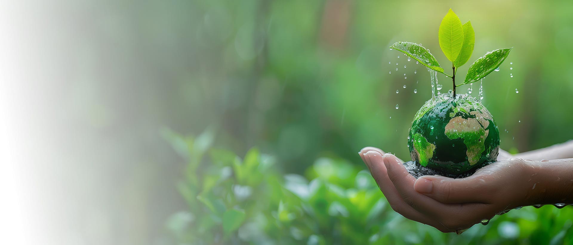 Gotas de agua caen de una planta joven que crece desde un pequeño planeta Tierra, sostenido por manos humanas.