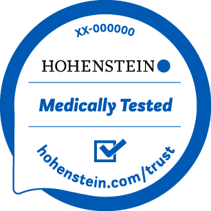 Círculo azul alrededor del logotipo de Hohenstein, "Probado médicamente", marca de verificación, "hohenstein.com/trust"