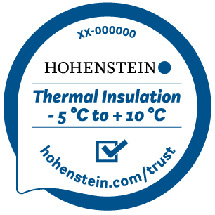 Círculo azul alrededor del logotipo de Hohenstein, "Aislamiento térmico -5 °C a 10 °C", marca de verificación, "hohenstein.com/trust"