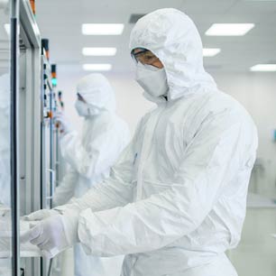 Experto en pruebas en el laboratorio de pruebas de Hohenstein con traje limpio y mascarilla